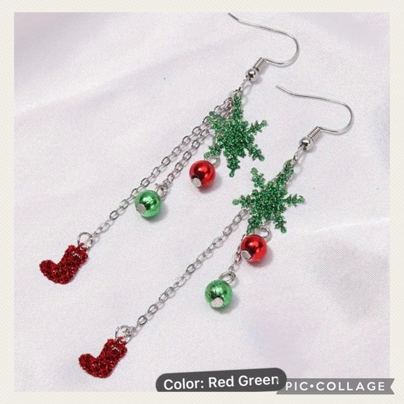 NEW Sparkling Dangle Red & Green Snowflake Whimsical Earrings - Picture 2 of 11